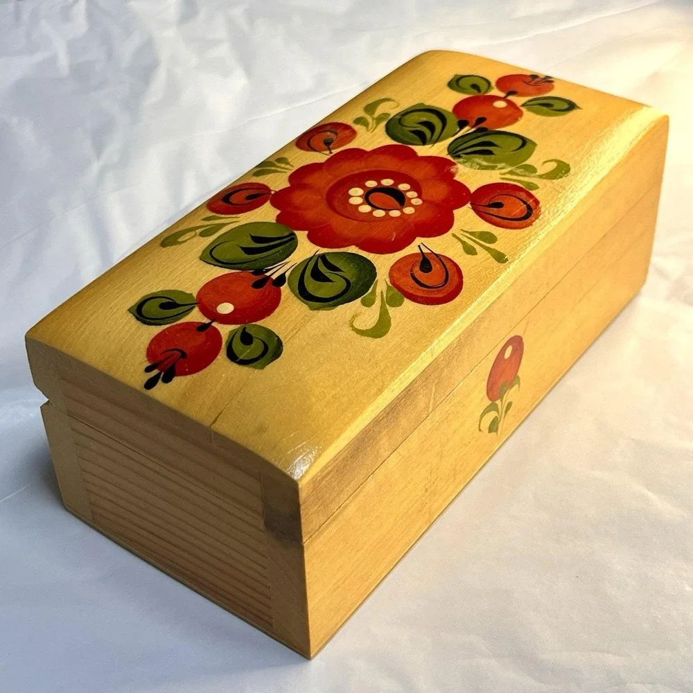 Vintage Russian Folk Art Wooden Box Hand Painted Floral